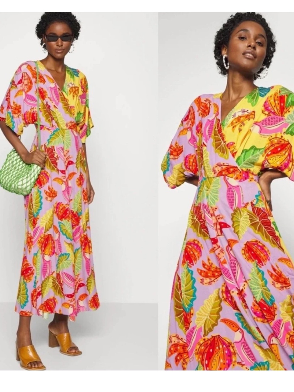 Farm Rio Mixed Beaks & Bananas Tropical Maxi Wrap Dress Large
